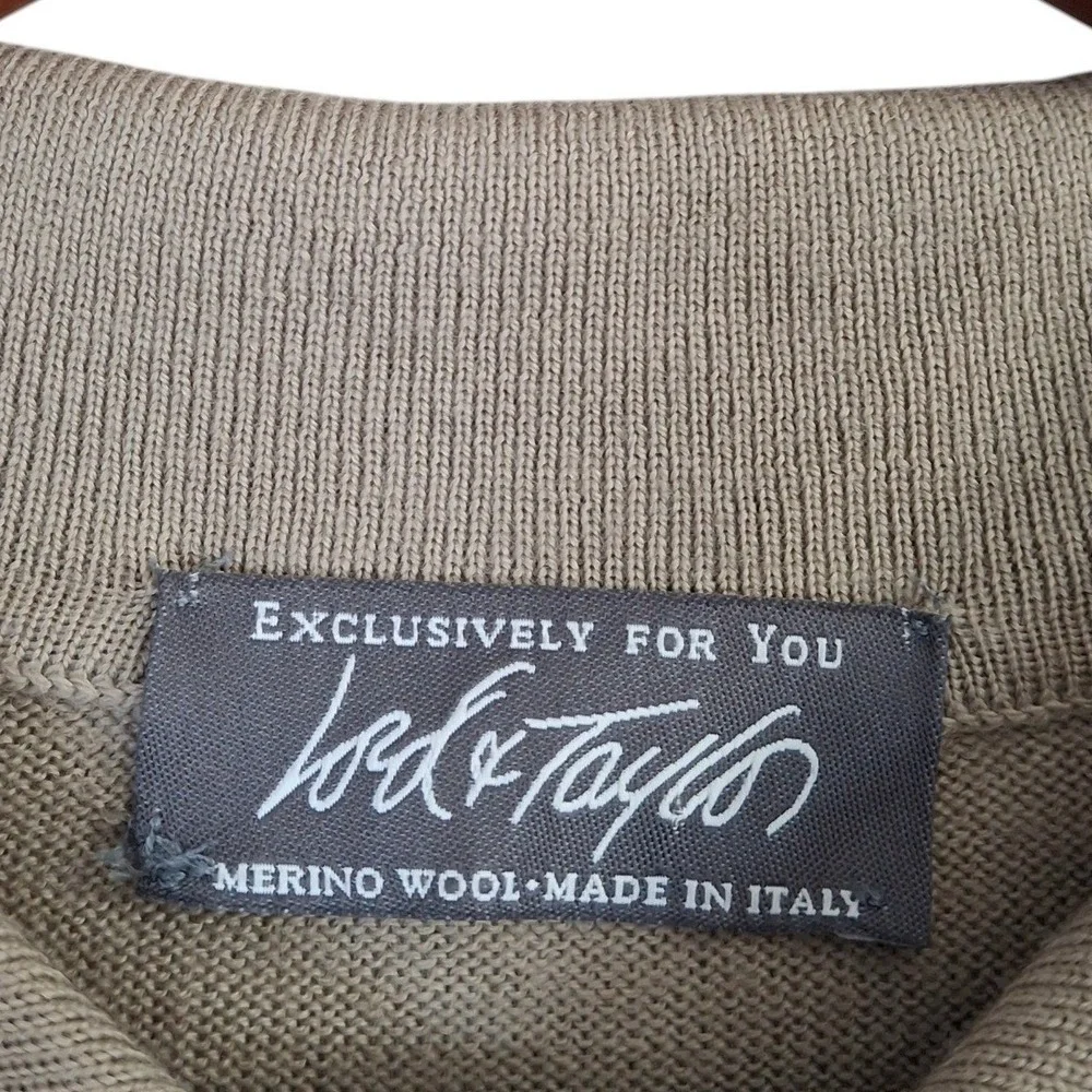 Lord & Taylor Mens Merino Wool Polo Sweater Large L Tan Long Sleeve Made Italy